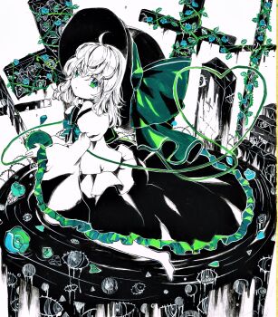 1girl acrylic_paint_(medium) ahoge blouse blue_bow blue_bowtie blue_flower blue_rose bow bowtie closed_mouth cross flower frilled_skirt frilled_sleeves frills from_side full_body green_eyes green_ribbon green_theme hair_between_eyes hat hat_ribbon heart heart_of_string highres holding komeiji_koishi latin_cross long_sleeves looking_at_viewer looking_to_the_side medium_hair painting_(medium) partially_colored plant puffy_sleeves ribbon rose shirt skirt solo third_eye thorns torajirou_(toraneko_zirou) touhou traditional_media twitter_username vines wide_sleeves