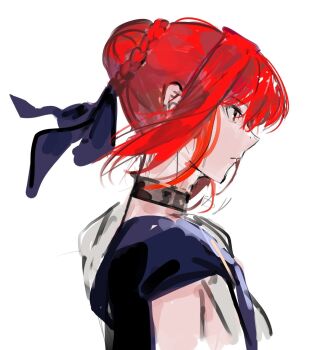 Rule 34 | 1girl, ancient greek clothes, black choker, blue ribbon, brown eyes, choker, closed mouth, fate/strange fake, fate (series), from side, greco-roman clothes, hair bun, hair ribbon, highres, hippolyta (fate), profile, red hair, ribbon, short hair, simple background, solo, sprit brry, white background