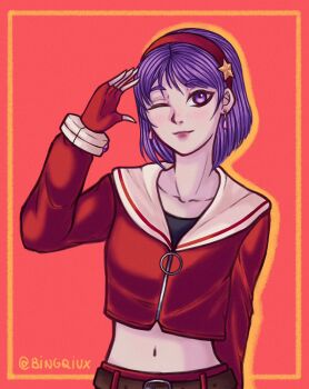 1girl asamiya_athena bingqiux female_focus hairband jacket looking_at_viewer pale_skin purple_eyes purple_hair short_hair smile smiley_face star_(symbol) the_king_of_fighters