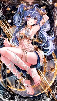 1girl a1u absurdres ahoge ancient_greek_clothes arm_up armlet armpits bare_shoulders barefoot black_skirt blue_eyes blue_hair blush breasts cleavage commentary feet full_body greco-roman_clothes hair_belt highres iuno_(wuthering_waves) jewelry laurel_crown leg_wrap long_hair looking_at_viewer medium_breasts multicolored_hair nail_polish parted_lips revision skirt solo streaked_hair tacet_mark_(wuthering_waves) thighlet thighs toenail_polish toenails toes twintails vambraces wuthering_waves