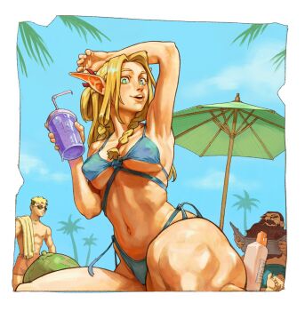 1girl 2boys abs armpits beach beach_towel beach_umbrella beard bikini blonde_hair blue_bikini blue_sky braid breasts cleavage commentary drink dungeon_meshi dwarf elf english_commentary facial_hair food front-tie_bikini_top front-tie_top fruit green_eyes hair_around_ear highres holding holding_drink ice ice_cube laios_touden long_beard long_hair looking_at_viewer lotion marcille_donato medium_breasts melon micro_bikini multiple_boys mustache navel open_mouth orange_shorts palm_tree pectorals pointy_ears presenting_armpit senshi_(dungeon_meshi) short_hair shorts skindentation sky smile sousou_no_frieren stomach string_bikini sunglasses sunscreen swimsuit tanning thick_mustache topless_male towel tree umbrella very_long_beard voland