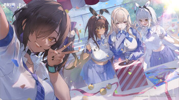 4girls absurdres animal_ear_hairband animal_ears artist_request black_choker black_nails blanc_(nikke) blonde_hair blue_bow blue_bowtie blue_necktie blurry bow bowtie breasts brown_eyes brown_hair chinese_commentary chinese_text choker collared_shirt commentary_request copyright_logo crop_top dark-skinned_female dark_skin day depth_of_field dutch_angle earrings fake_animal_ears fang goddess_of_victory:_nikke gyaru hair_between_eyes hair_ornament hair_over_one_eye hairband highres jewelry large_breasts logo long_hair makeup multiple_girls mystery_box naga_(nikke) necklace necktie noir_(nikke) official_art outdoors rabbit_ear_hairband rabbit_ears red_eyes ribbon ring school_uniform scrunchie see-through_clothes see-through_shirt selfie shirt sidelocks skin_fang smile table tia_(nikke) tree v white_hair wrist_scrunchie yellow_eyes
