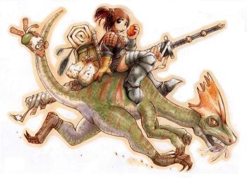 Rule 34 | armor, bag, bandages, capcom, cat, character request, dinosaur, eating, fangs, felyne, frying pan, gendrome, monster hunter (series), riding, running, sword, weapon