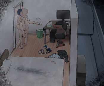 1boy 1girl absurdres arm_behind_back arms_around_neck barefoot bed bedroom bikini blue_bikini blue_eyes blush breasts clothes_on_floor commentary completely_nude computer condom condom_wrapper dark dolphin_wave faceless faceless_male hand_on_own_chest hetero highres kiss large_breasts lifting_person night nude porch pubic_hair sex short_hair sitting skindentation slippers solo_focus stained_sheets standing suspended_congress swimsuit time_lapse tojou_michiru unworn_clothes uruwana used_condom used_tissue vaginal