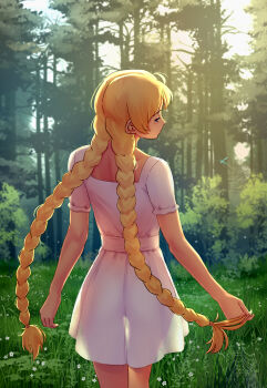 1girl arms_at_sides ass blonde_hair braid braided_twintails bug closed_mouth commentary cowboy_shot day dragonfly dress everlasting_summer expressionless field flower forest grass highres insect iskanderednaksi long_hair looking_at_viewer looking_back median_furrow nature no_panties outdoors russian_commentary see-through_silhouette short_dress short_sleeves silk slavya-chan solo spider_web summer tree turning_head very_long_hair walking white_dress white_flower