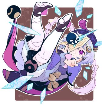 1girl black_footwear black_nails blue_shorts border braid braided_ponytail brown_background coin_hair_ornament crossed_arms cryokinesis dress earrings expressionless feet_up floating floating_hair genshin_impact hair_ornament hands_up hat highres jewelry jiangshi kuji-in legs_up long_hair long_sleeves looking_at_viewer ofuda ofuda_on_head orb purple_dress purple_eyes purple_hair purple_hat qingdai_guanmao qiqi_(genshin_impact) shorts shorts_under_dress solo stud_earrings tassel thighhighs tomoetatibana vision_(genshin_impact) white_border white_thighhighs yin_yang yin_yang_orb