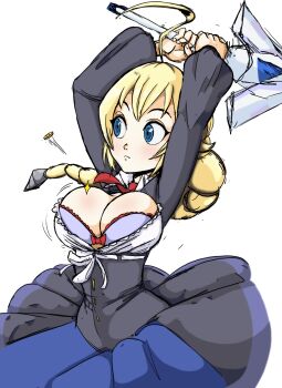 Rule 34 | arms up, blazblue, blonde hair, blue eyes, bra, braid, braided ponytail, breasts, bursting breasts, cleavage, dress, es (xblaze), greatsword, highres, huge weapon, large breasts, popped button, sword, teevo, underwear, wardrobe malfunction, weapon, xblaze