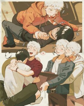 Rule 34 | 3boys, alternate costume, black hair, black shirt, blush, commentary, drawstring, dual persona, english commentary, fur-trimmed jacket, fur trim, happy, heart, highres, hikaru ga shinda natsu, hood, hood down, hooded jacket, hoodie, hug, indou hikaru, indou hikaru (human), jacket, male focus, mole, mole on cheek, mole under eye, mole under mouth, multiple boys, multiple moles, one eye closed, orange hoodie, red shirt, scar, scar on arm, scar on hand, selfcest, shirt, smile, spoken heart, tsujinaka yoshiki, watermark, white jacket, white shirt, yaoi, zipsunz