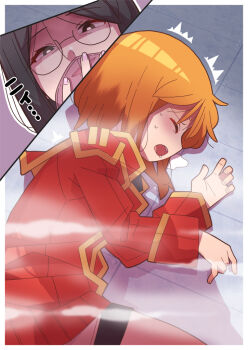 2girls alternate_costume closed_eyes commentary covering_own_mouth drooling english_commentary fanfiction_available gacha-m gas glasses gundam gundam_zz half-closed_eyes jacket military_uniform multiple_girls nail_polish neo_zeon open_mouth orange_hair original pink_nails puru_two red_jacket red_skirt saliva_pool short_hair skirt upper_body