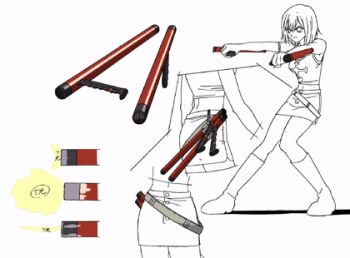 00s 1girl angry back belt boots reference_sheet crop_top cross dual_wielding elie female_focus fighting_stance from_behind frown gun hair_between_eyes holding holster knee_boots leaning lineart lowres matsushima_akira midriff miniskirt model_sheet navel official_art outstretched_arms pencil_skirt profile rave_(manga) shadow short_hair simple_background skirt solo standing tank_top tonfa weapon white_background