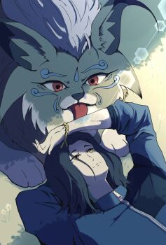 1boy black_hair blue_jacket cougarmon digimon digimon_(creature) digimon_beatbreak highres jacket licking lying on_back on_grass red_eyes sasamekd sawashiro_kyo smile yellow_eyes