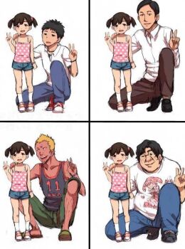 1girl artist_request black_hair blush child double_v highres looking_at_viewer multiple_boys shorts split_screen tagme v