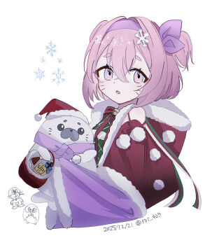 1girl animal arknights bell bow dated doraemon doraemon_(character) fur-trimmed_headwear fur_trim gen_7_pokemon green_shirt hair_between_eyes hair_ribbon hairband hat highres hood hood_down jingle_bell neck_bell nintendo parted_lips pink_hair pokemon pokemon_(creature) pudding_(arknights) purple_eyes purple_hairband purple_ribbon red_bow red_hat ribbon roi_423 rowlet santa_hat seal_(animal) shirt short_eyebrows simple_background snowflakes solo thick_eyebrows twitter_username two_side_up upper_body white_background
