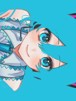 1girl bare_shoulders blue_eyes blue_hair blue_necktie blue_trim closed_mouth collared_shirt commentary double-parted_bangs grey_shirt hair_between_eyes hatsune_miku headgear highres ia34550364 light_smile looking_at_viewer microphone necktie negative_space shirt sideways sleeveless sleeveless_shirt solo upper_body vocaloid