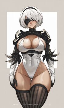 1girl 2b_(nier:automata) arms_at_sides artist_name asymmetrical_bangs back_cutout black_hairband blindfold boots breasts cleavage cleavage_cutout clothing_cutout commentary covered_eyes english_commentary english_text feather-trimmed_sleeves feather_trim hairband highleg highleg_leotard highres juliet_sleeves leotard long_sleeves mikeymegamega mole mole_under_mouth nier:automata nier_(series) nose patreon_logo puffy_sleeves short_hair sideboob simple_background solo thick_thighs thighhighs thighhighs_under_boots thighs thong thong_leotard upper_body white_hair white_leotard youtube_logo