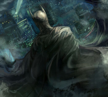 1boy absurdres back bat_signal batman batman_(series) bruce_wayne cape city cityscape dc_comics dutch_angle from_behind gooloomy highres male_focus night pointy_ears realistic solo spotlight