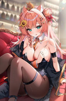 1girl :p absurdres animal animal_ear_fluff animal_ears animal_on_head aqua_eyes arm_strap arm_support beamed_eighth_notes between_breasts black_jacket black_leotard black_pantyhose blurry blurry_background blush bow braid breasts bu_leike character_request chinese_commentary commentary_request couch detached_collar eighth_note feet_out_of_frame fine_fabric_emphasis flower fortissimo furrowed_brow glint hair_bow hair_bun hair_flower hair_ornament hamster highres jacket jacket_partially_removed knees_up large_breasts leotard long_hair long_sleeves looking_at_viewer mole mole_under_eye musical_note musical_note_hair_ornament necktie necktie_between_breasts nontraditional_playboy_bunny off_shoulder on_couch on_head open_clothes open_jacket orange_hair orange_necktie pantyhose playboy_bunny red_bow shiny_skin single_side_bun sitting solo strapless strapless_leotard sunflower thigh_strap tongue tongue_out verselink very_long_hair virtual_youtuber
