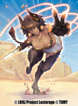 1girl animal_hands blue_sky breasts brown_hair cleavage copyright_notice dark-skinned_female dark_skin dress earrings enkid_(wixoss) gold_earrings horns ishibashi_yosuke jewelry large_breasts looking_at_viewer official_art open_mouth outdoors sand sky solo tail white_dress wixoss yellow_eyes