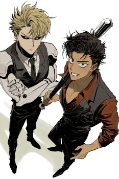 2boys android baseball_bat black_hair black_necktie black_pants black_sclera black_shoes black_vest blonde_hair bul_jelly closed_mouth collared_shirt colored_sclera crossed_arms dress_shoes formal_clothes frown genos grin highres holding holding_baseball_bat kinzoku_bat lapels looking_at_viewer male_focus multiple_boys necktie one-punch_man open_collar pants red_shirt shirt shoes smile standing vest white_background white_shirt wing_collar yellow_eyes