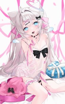 1girl absurdres ahoge amagami_amane_(vtuber) animal_ears black_bow black_choker blue_eyes bow box breasts cat_ears cat_girl chemise chocolate choker commentary_request commission eating gift hair_intakes hair_ornament hair_ribbon heart-shaped_box highres indie_virtual_youtuber long_hair looking_at_viewer pink_ribbon ribbon second-party_source sitting sleeveless small_breasts solo spaghetti_strap twintails ureinnn virtual_youtuber wariza white_chemise white_hair x_hair_ornament