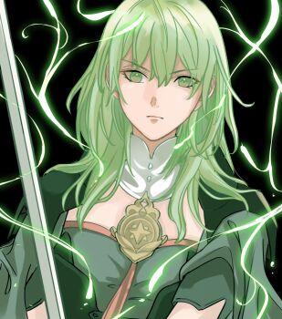 1girl 4ki_ori9 black_background breasts commentary_request dark_persona female_byleth_(awakened)_(fire_emblem) female_byleth_(fire_emblem) fire_emblem fire_emblem:_three_houses fire_emblem_warriors:_three_hopes green_aura green_eyes green_hair hair_between_eyes highres holding holding_sword holding_weapon medium_breasts medium_hair nintendo official_alternate_eye_color official_alternate_hair_color simple_background solo sword weapon