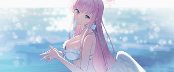 1girl :d absurdres angel_wings back bare_shoulders bikini blue_archive blunt_bangs blurry bokeh breasts choker cleavage commentary day depth_of_field feathered_wings frilled_bikini frills from_side front-tie_bikini_top front-tie_top gradient_halo halo hand_up highres large_breasts long_hair looking_at_viewer low_wings mika_(blue_archive) mika_(swimsuit)_(blue_archive) multi-strapped_bikini_bottom multi-strapped_bikini_top multicolored_halo ocean official_alternate_costume official_alternate_hairstyle open_mouth outdoors own_hands_together pink_hair pink_halo rafrog ribbon_choker sidelocks smile solo steepled_fingers stomach sunlight swimsuit upper_body very_long_hair white_bikini white_choker white_wings wing_ornament wings yellow_eyes