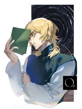 Rule 34 | 1boy, badeni, black tabard, blonde hair, book, chi.: chikyuu no undou ni tsuite, closed mouth, commentary request, highres, holding, holding book, korean commentary, looking at viewer, male focus, medium hair, rke, scar, scar on face, scar on mouth, scar on nose, short hair, simple background, solo, tabard, tonsure, twitter username, white background