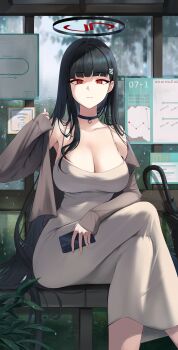 1girl absurdres black_hair blue_archive breasts bus_stop cellphone cleavage closed_mouth collarbone dongtan_dress dress grey_dress hair_ornament hairpin highres holding holding_phone korean_text large_breasts long_hair long_sleeves looking_at_viewer okkimon outdoors phone red_eyes rio_(blue_archive) smartphone solo umbrella
