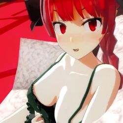 1girl 3d animal_ears animated black_bow bow braid breasts cat_ears cat_girl cleavage couch downblouse flashing indoors kaenbyou_rin long_hair looking_at_viewer matching_hair/eyes mofumoko5 nipple_slip nipples no_bra red_eyes red_hair sitting solo tagme touhou twin_braids video