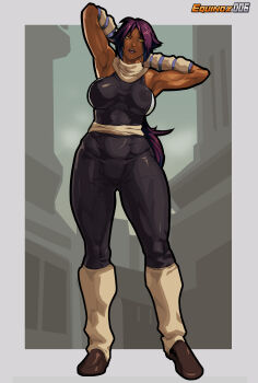 1girl 2024 arms_behind_head artist_name bleach breasts commission dark-skinned_female dark_skin equinox female_focus full_body large_breasts purple_hair shihouin_yoruichi shoes solo solo_focus standing toned toned_female variant_set yellow_eyes