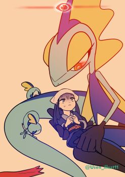 2girls akari_(pokemon) alpha_pokemon artist_name black_eyes black_skin blue_eyes blue_hair blue_kimono blue_leggings blue_skin bright_pupils closed_mouth colored_skin constricted_pupils eye_contact eye_trail eyelashes female_focus flat_chest furry furry_female gen_8_pokemon half-closed_eyes hands_up headscarf highres holding_person inteleon japanese_clothes kimono leaning_to_the_side leggings legs_together light_trail lizard_tail long_hair looking_at_another looking_down looking_up lying matching_hair/eyes multicolored_skin multiple_girls nervous nintendo obi on_back open_mouth orange_background orange_eyes own_hands_together pokemon pokemon_(creature) pokemon_legends:_arceus red_scarf reptile_girl sash scared scarf sidelocks simple_background sitting size_difference sobble solid_oval_eyes sweat tail turn_pale twitter_username unworn_scarf watermark white_headscarf white_headwear white_pupils white_skin yuusen_(usen_illust11)