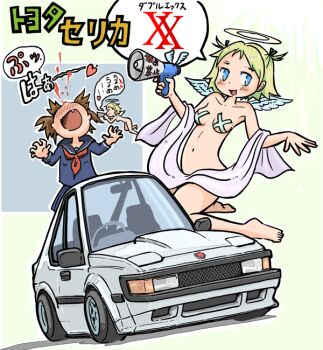 2girls angel angel_wings barefoot blonde_hair blood blue_eyes breasts brown_hair car character_request convenient_censoring fang feet heart japanese_text kneeling legs looking_at_viewer medium_breasts motor_vehicle multiple_girls navel nosebleed nude open_mouth pasties school_uniform short_hair smile thighs tongue translation_request twintails wings