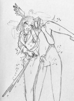 1boy 1girl anal bird_girl bottomless clothed_female_nude_male clothed_sex clothes_lift hair_between_eyes head_wings highres jacket japanese_text kemono_friends leg_hold leg_up long_sleeves monochrome necktie northern_goshawk_(kemono_friends) nude omankogakowarel open_mouth pee peeing peeing_during_anal peeing_during_sex peeing_self pussy skirt skirt_lift spread_pussy steaming_body sweat traditional_media wings