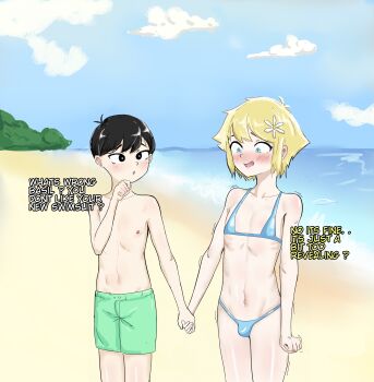 2boys absurdres basil_(faraway)_(omori) basil_(omori) beach bikini black_hair blonde_hair blush english_text flower hair_flower hair_ornament highres louveg25 multiple_boys ocean omori pale_skin short_hair shorts sunny_(omori) swimsuit trap