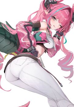 1girl absurdres arknights arknights:_endfield blue_eyes breasts dragon_girl dragon_horns dragon_tail green_hair hashtag-only_commentary highres horns large_breasts licking_lips long_hair midriff one_eye_closed pants pink_hair pointy_ears tail takealook tongue tongue_out twintails white_pants yvonne_(arknights)