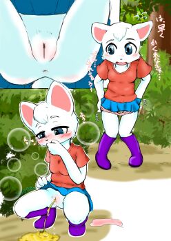 1girl :3 animal animal_ears blue_eyes blue_skirt blush boots breasts bubble bush cat cat_ears cat_girl cat_tail censored close-up covering_own_mouth flying_sweatdrops forest furry heart loli looking_down looking_to_the_side lower_body multiple_views nature nikeneko_(pixiv_19463902) open_mouth original panties panty_pull peeing pink_panties puddle purple_boots pussy red_shirt relief_(expression) shirt short_hair short_sleeves skirt small_breasts sparkle spoken_heart spread_legs squatting standing tail tree underwear unworn_panties white_fur white_hair