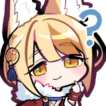 1girl ? animal_ears blush chibi commission commissioner_upload confused emoji fire_emblem fire_emblem_fates fox_ears fox_girl fur-trimmed_kimono fur_trim gliesse82_5 japanese_clothes kimono kitsune multicolored_hair nintendo selkie_(fire_emblem) smile solo streaked_hair two-tone_hair yellow_eyes