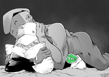 1boy 1girl ^_^ absurdres anger_vein baseball_cap bed_sheet beret blush boy_on_top closed_eyes clothed_female_nude_male clothed_sex commander_(girls&#039;_frontline) commentary_request face_in_pillow girls&#039;_frontline gloves greyscale hands_on_another&#039;s_head hat heavy_breathing hetero highres implied_ejaculation long_sleeves lying monochrome muscular muscular_male nude hugging_object on_bed on_stomach pillow pillow_hug prone_bone scar-h_(girls&#039;_frontline) sex sex_from_behind spot_color sugac sweat vaginal