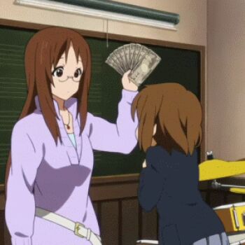 2girls animated animated_gif anime_screenshot hirasawa_yui k-on! lowres money multiple_girls slapping yamanaka_sawako