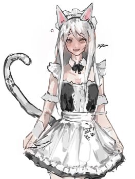 Rule 34 | 1girl, alternate costume, anger vein, animal ears, apron, armlet, black dress, blush, bow, bowtie, cat ears, cat girl, cat tail, collar, cowboy shot, dress, enmaided, grey eyes, hair over shoulder, highres, jewelry, kyta 5, layered dress, long hair, looking at viewer, maid, maid apron, maid headdress, nephis (shadow slave), shadow slave, spiked armlet, tail, white apron, white hair, wrist cuffs