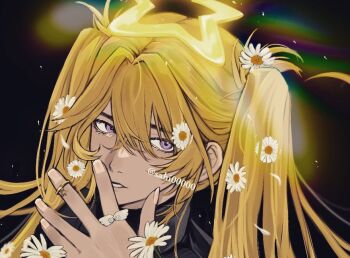 1boy black_background blonde_hair commentary_request daisy_(flower) double-parted_bangs flower hair_between_eyes halo hand_up jewelry long_hair looking_at_viewer male_focus open_mouth original portrait purple_eyes ring sahi00000 solo star_halo twintails yellow_halo