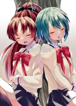Rule 34 | 2girls, back-to-back, black skirt, black socks, blue hair, blush, bow, closed eyes, commentary request, double-parted bangs, fang, gradient background, grey background, hair between eyes, hair bow, jacket, kneehighs, long hair, long sleeves, mahou shoujo madoka magica, mahou shoujo madoka magica (anime), mani (manidrawings), medium hair, miki sayaka, multiple girls, open mouth, ponytail, red bow, red hair, sakura kyoko, shirt, sidelocks, skirt, sleeping, socks, tree, white background, white shirt, yellow jacket
