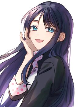 1girl :d alternate_hair_length alternate_hairstyle black_hair black_jacket bloom blue_eyes breasts commentary_request earrings fingernails from_below hair_down hand_on_own_cheek hand_on_own_face hand_up highres i.no jacket jewelry long_hair looking_at_viewer marinette_dupain-cheng miraculous_ladybug open_clothes open_jacket open_mouth polka_dot shirt simple_background small_breasts smile solo stud_earrings swept_bangs three-quarter_sleeves upper_body white_background white_shirt