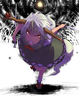 Rule 34 | 1girl, caved (touhou), colorized, dual wielding, ex-keine, female focus, highres, holding, horn ornament, horn ribbon, horns, kamishirasawa keine, long hair, moon, multicolored hair, orange eyes, ribbon, solo, sword, tail, touhou, two-tone hair, weapon, yokohachi