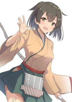 1girl absurdres blush bow_(weapon) breasts brown_eyes brown_hair cowboy_shot hair_ribbon hakama hakama_skirt highres hiryuu_(kancolle) japanese_clothes kantai_collection kimono large_breasts one_side_up orange_kimono ribbon short_hair side_ponytail signature skirt smile sukimizaki weapon white_background yellow_kimono