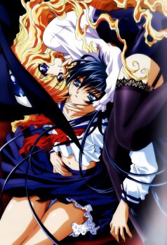 Rule 34 | 00s, azuma hazuki, black legwear, garter straps, highres, lilith (yamibou), long hair, official art, petticoat, school uniform, serafuku, slip showing, thighhighs, very long hair, wavy hair, yami to boushi to hon no tabibito, yuri