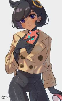 1girl black_bodysuit black_hair blue_eyes bodysuit bodysuit_under_clothes closed_mouth collared_jacket commentary cowboy_shot dated emma_(pokemon) eyelashes gen_4_pokemon gloves grey_background highres holding holding_phone holding_poke_ball hoshizora jacket nintendo phone poke_ball poke_ball_(basic) pokemon pokemon_legends:_z-a ring_hair_ornament rotom rotom_phone short_hair signature solo