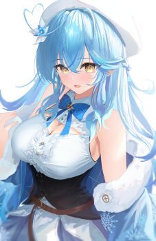 1girl :d absurdres ahoge belt beret black_corset blue_bow blue_bowtie blue_coat blue_hair blue_skirt bow bowtie braid breasts brown_belt center_frills cleavage_cutout clothing_cutout coat coat_partially_removed commentary corset crossed_bangs double-parted_bangs flower frilled_shirt frills fur-trimmed_coat fur_trim hair_between_eyes hair_flower hair_ornament half_up_braid hand_up hat heart heart_ahoge highres hololive large_breasts leather_belt long_hair looking_at_viewer multicolored_hair neonewcatnyan open_mouth plaid_bow plaid_bowtie plaid_clothes pointy_ears shirt sidelocks simple_background skirt sleeveless sleeveless_shirt smile snowflake_hair_ornament snowflake_print solo streaked_hair very_long_hair virtual_youtuber white_background white_hat white_shirt yellow_eyes yukihana_lamy yukihana_lamy_(1st_costume)