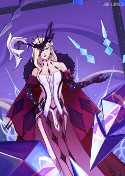 1girl absurdres artist_name bare_shoulders black_gloves black_mask blonde_hair blue_eyes breasts butterfly_mask cape cleavage cryokinesis delusion_(genshin_impact) dress earrings elbow_gloves eye_mask fishnet_gloves fishnets genshin_impact gloves half_mask highres ice jakicomics jewelry lace-trimmed_eyepatch large_breasts long_hair mask mask_over_one_eye masked one_eye_covered pelvic_curtain red_cape red_lips signora_(genshin_impact) solo strapless strapless_dress studded_gloves upper_body white_dress