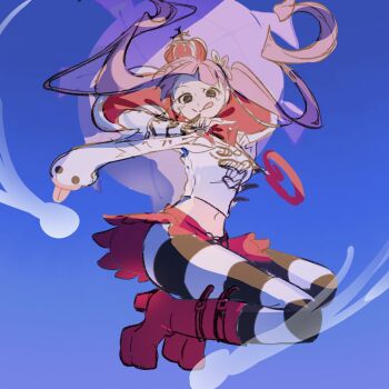 1girl boots capelet commentary_request crop_top crown flying ghost gradient_background highres jumping long_sleeves navel one_piece pantyhose perona pink_hair red_capelet sable2222 skirt striped_clothes striped_pantyhose tongue tongue_out twintails umbrella